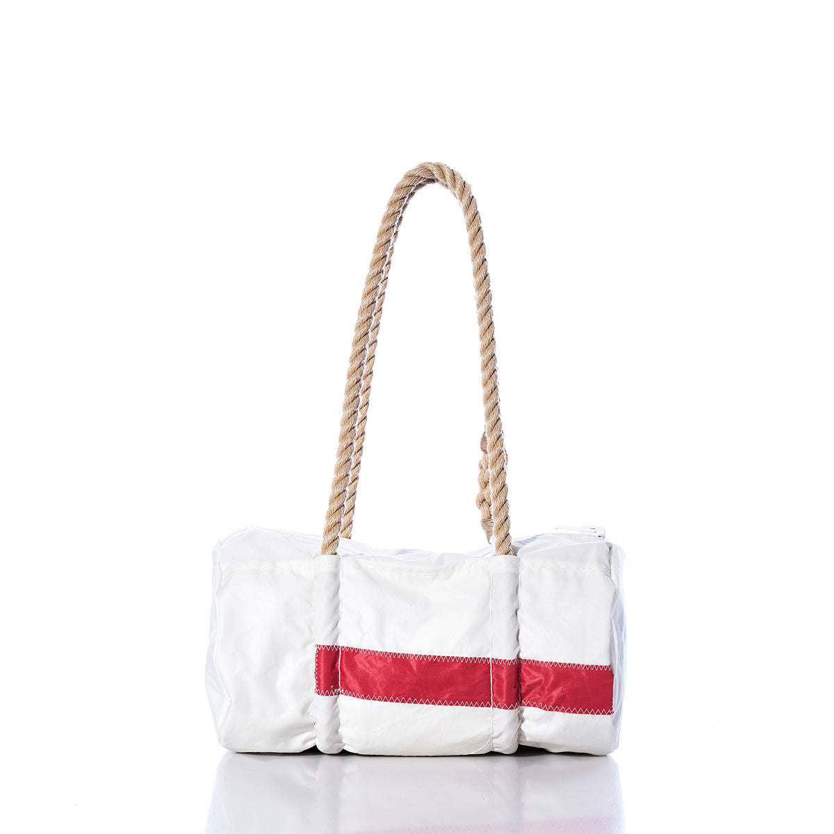 The Vintage 41 Baguette Bag by Sea Bags is a white tote featuring a bold red diagonal stripe and two thick, hand-spliced hemp rope handles, displayed on a white background. by Sea Bags