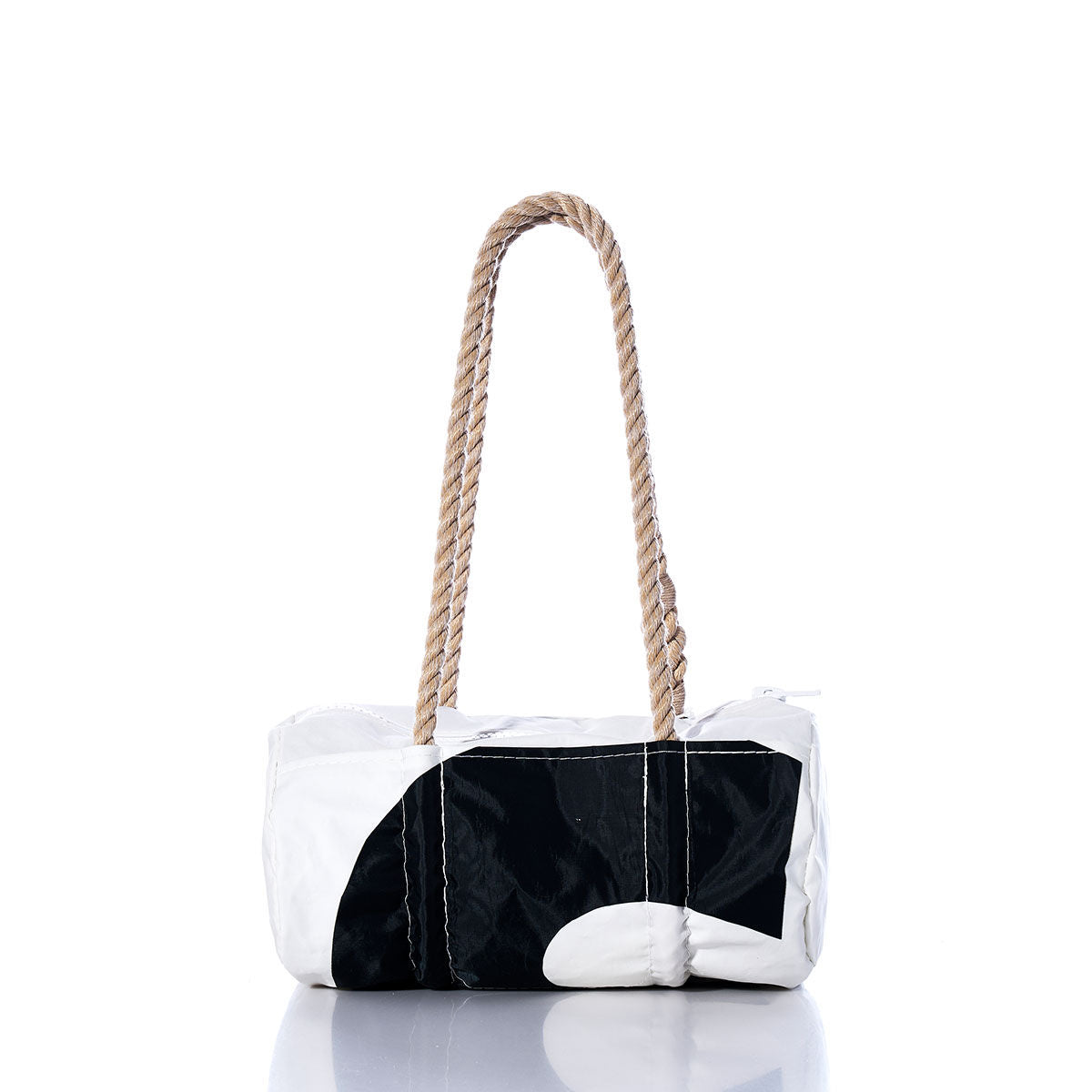 The Sea Bags Vintage Black 5 Baguette Bag is a white and black rectangular tote featuring hand-spliced hemp rope handles, subtle sail insignias for a nautical touch, and is displayed against a white background. by Sea Bags