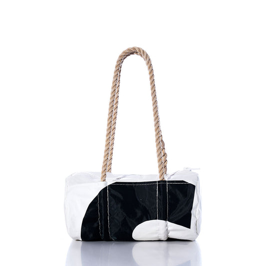 The Sea Bags Vintage Black 5 Baguette Bag is a white and black rectangular tote featuring hand-spliced hemp rope handles, subtle sail insignias for a nautical touch, and is displayed against a white background. by Sea Bags
