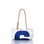Sea Bags Vintage Blue 6 Baguette Bag featuring white and blue colors and a hand-spliced hemp rope handle, displayed against a white background. by Sea Bags