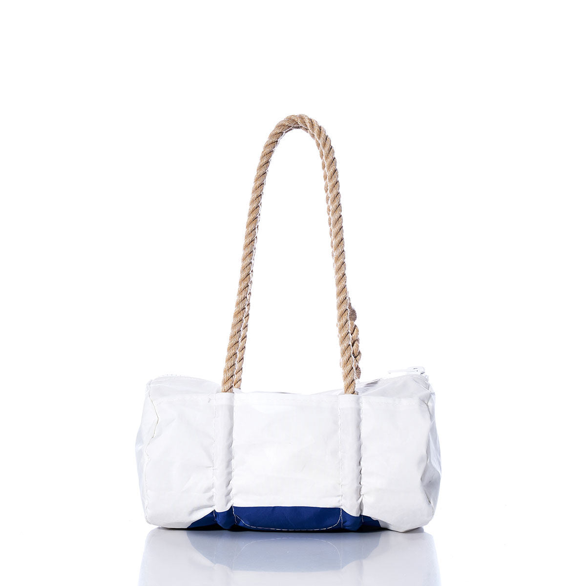 The Sea Bags Vintage Blue 6 Baguette Bag is a white rectangular tote with a blue bottom and hand-spliced hemp rope handles evoking nautical charm, shown against a white background. by Sea Bags