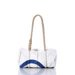 The Vintage Optimist Baguette Bag by Sea Bags features a white body with blue accents, red stitching, and thick rope handles, photographed on a white reflective surface—adding classic nautical charm to your collection. by Sea Bags