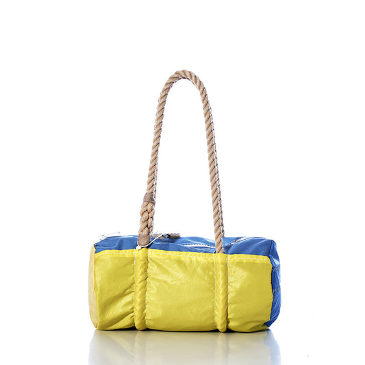 Sea Bags Vintage Yellow and Blue Baguette Bag, crafted from recycled sails, with rope handles, displayed on a white background. by Sea Bags