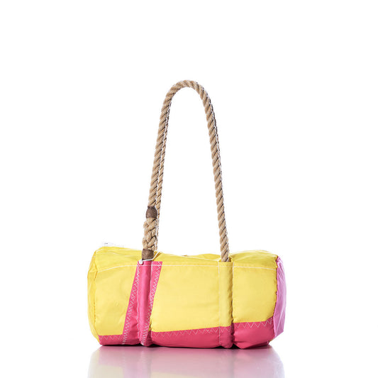 Sea Bags Vintage Yellow and Pink Baguette Bag with hemp rope handles, displayed on a white background. by Sea Bags