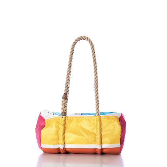 The Sea Bags Vintage Multicolor Baguette Bag is crafted from recycled sails and features vibrant yellow, red, white, and blue panels with sturdy rope handles, shown against a white background. by Sea Bags