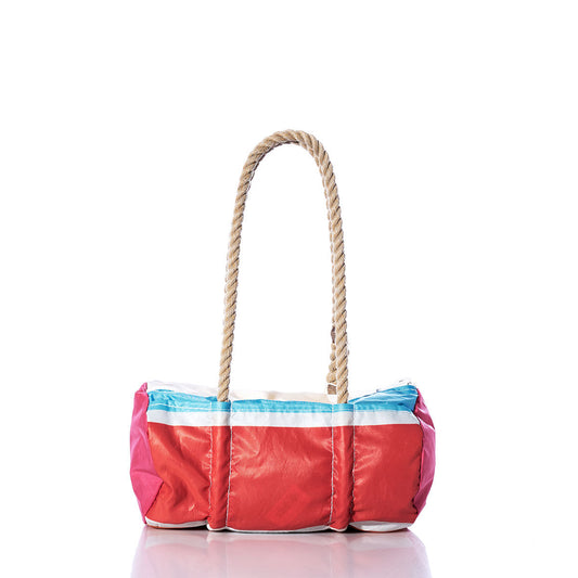 Sea Bags Vintage Multicolor Baguette Bag with two thick rope handles, crafted from recycled sails, displayed on a white background. by Sea Bags