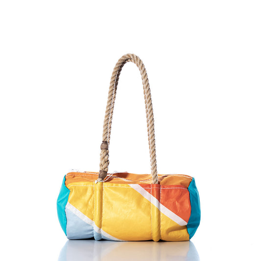 Sea Bags’ Vintage Multicolor Baguette Bag is a vibrant handbag crafted from recycled sails, featuring orange, yellow, blue, and white geometric patterns and a sturdy rope handle, displayed against a white background. by Sea Bags