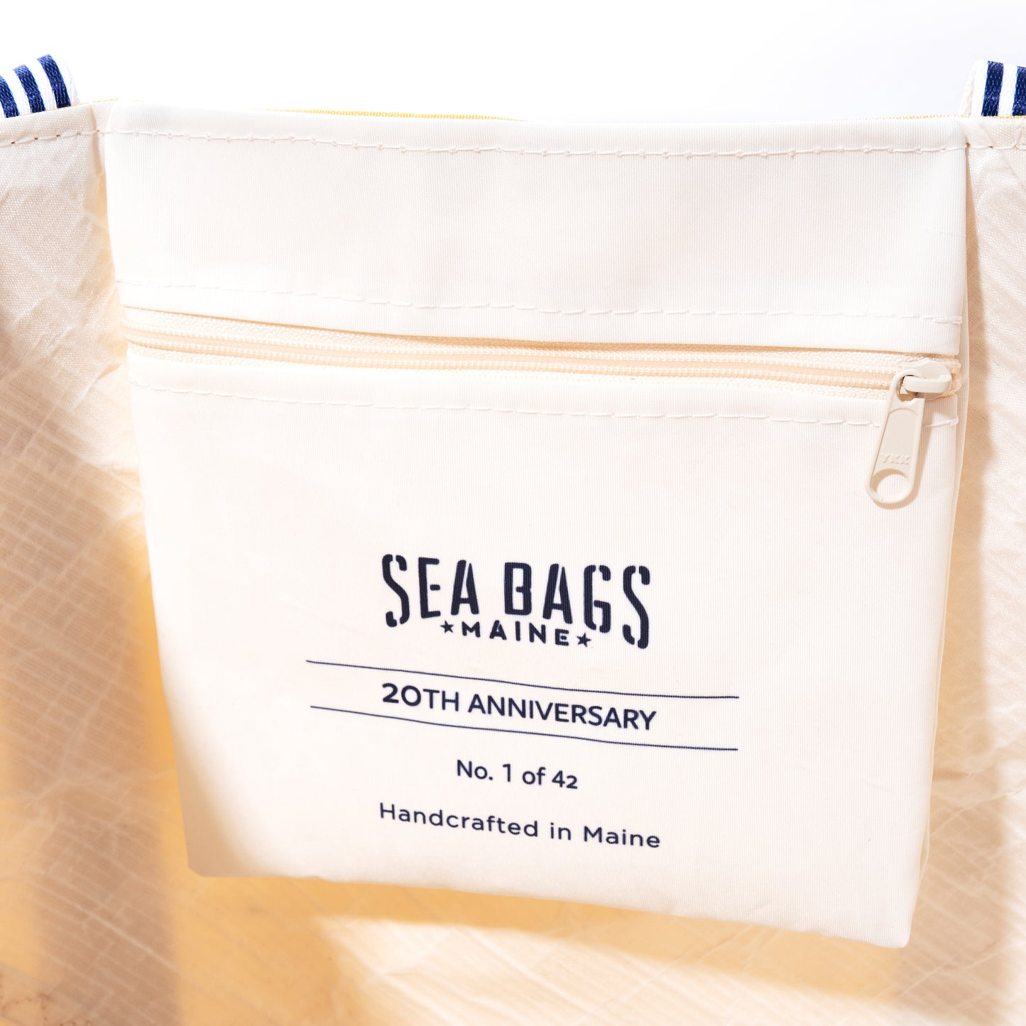 Sea Bags Maine 20th Anniversary bag with a label on a white background