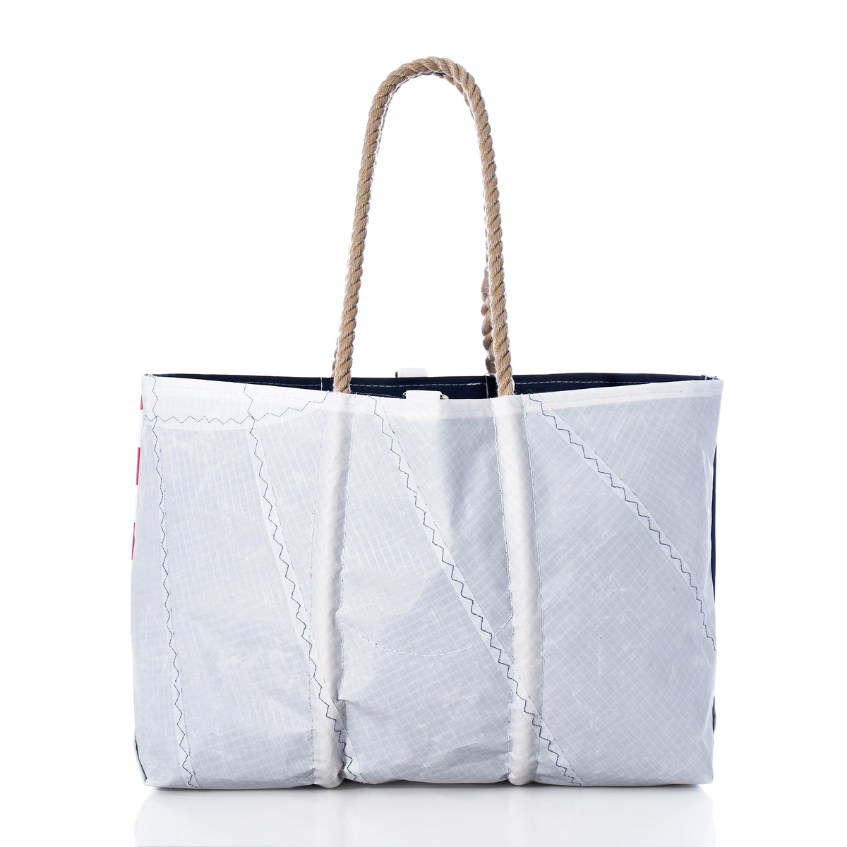 Vintage Limited Edition American Flag Large Tote by Sea Bags, handcrafted in the USA from recycled sail cloth, features two rope handles and is photographed against a plain white background.