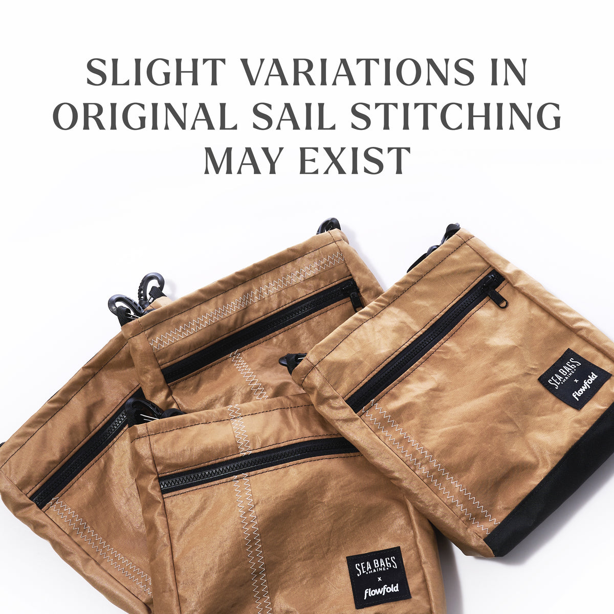 Three caramel tanbark Vintage Caramel Tanbark Voyager Small Crossbody bags made from vintage recycled sail cloth with black zippers and patches; text reads: SLIGHT VARIATIONS IN ORIGINAL SAIL STITCHING.