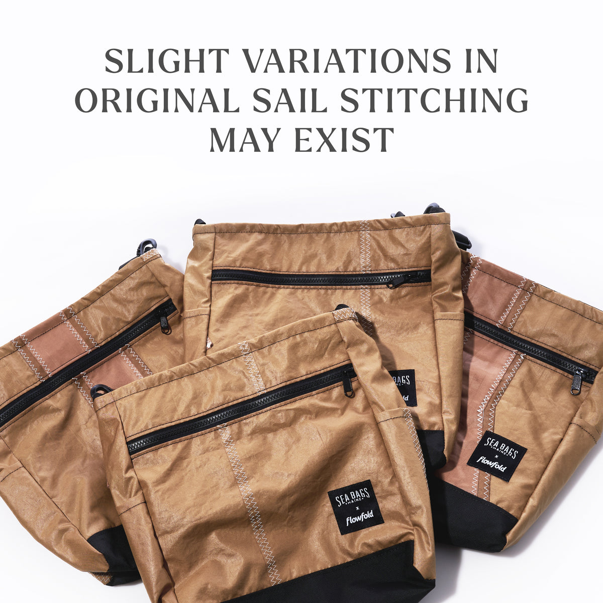Four caramel tanbark Vintage Caramel Tanbark Voyager Medium Crossbody bags made from vintage recycled sail cloth with zigzag stitching, arranged on a white background with a note on stitch variations.