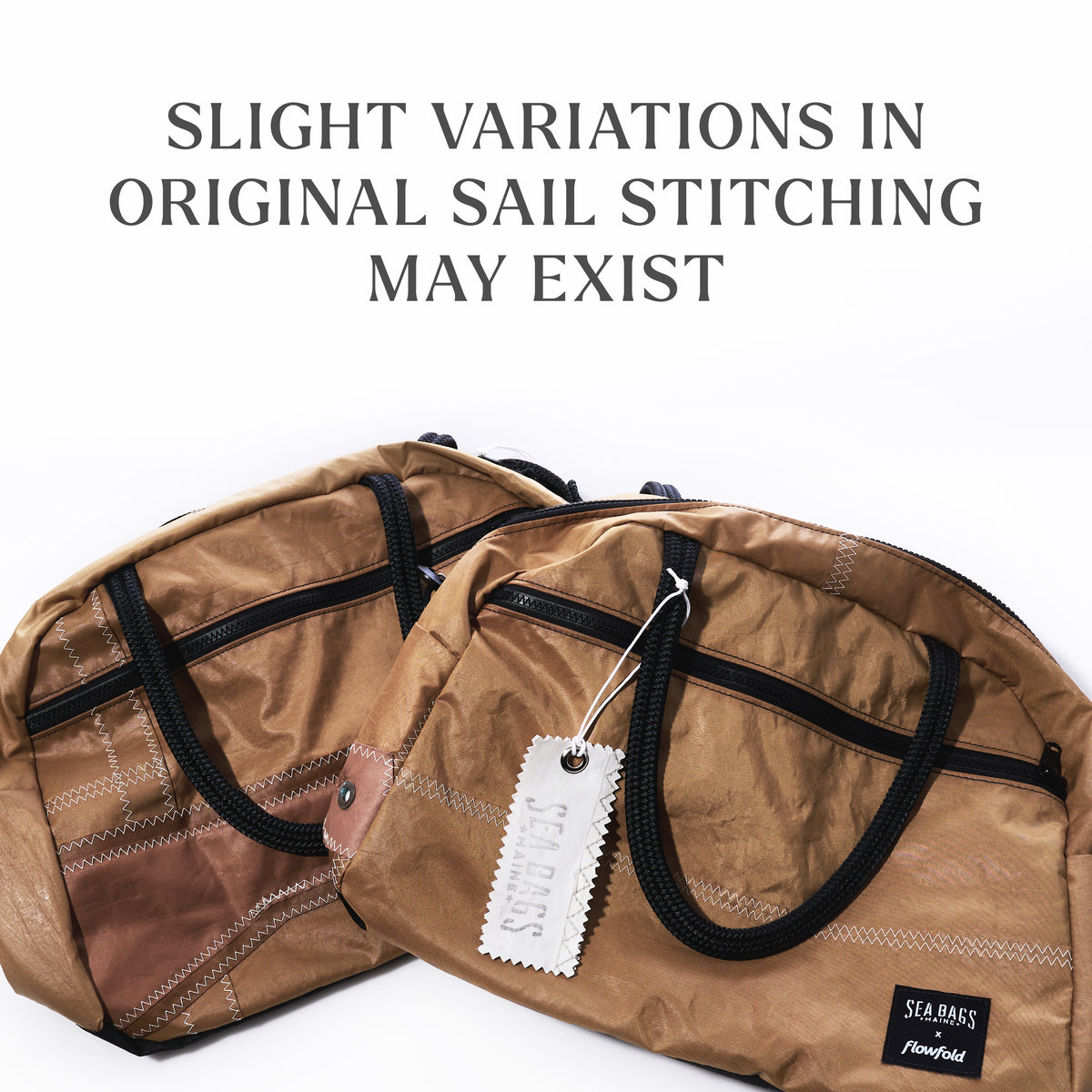 Two Vintage Caramel Tanbark Essential Weekender bags with black zippers and rope handles, with text above reading “SLIGHT VARIATIONS IN ORIGINAL SAIL STITCHING MAY EXIST.”