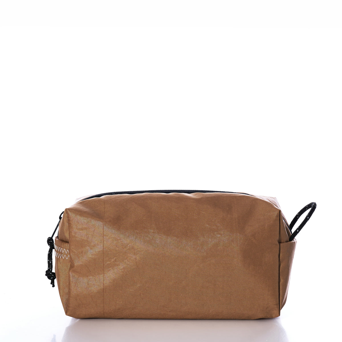 A rectangular, vintage caramel tanbark Sea Bags toiletry bag featuring a black zipper and a side pull cord.
