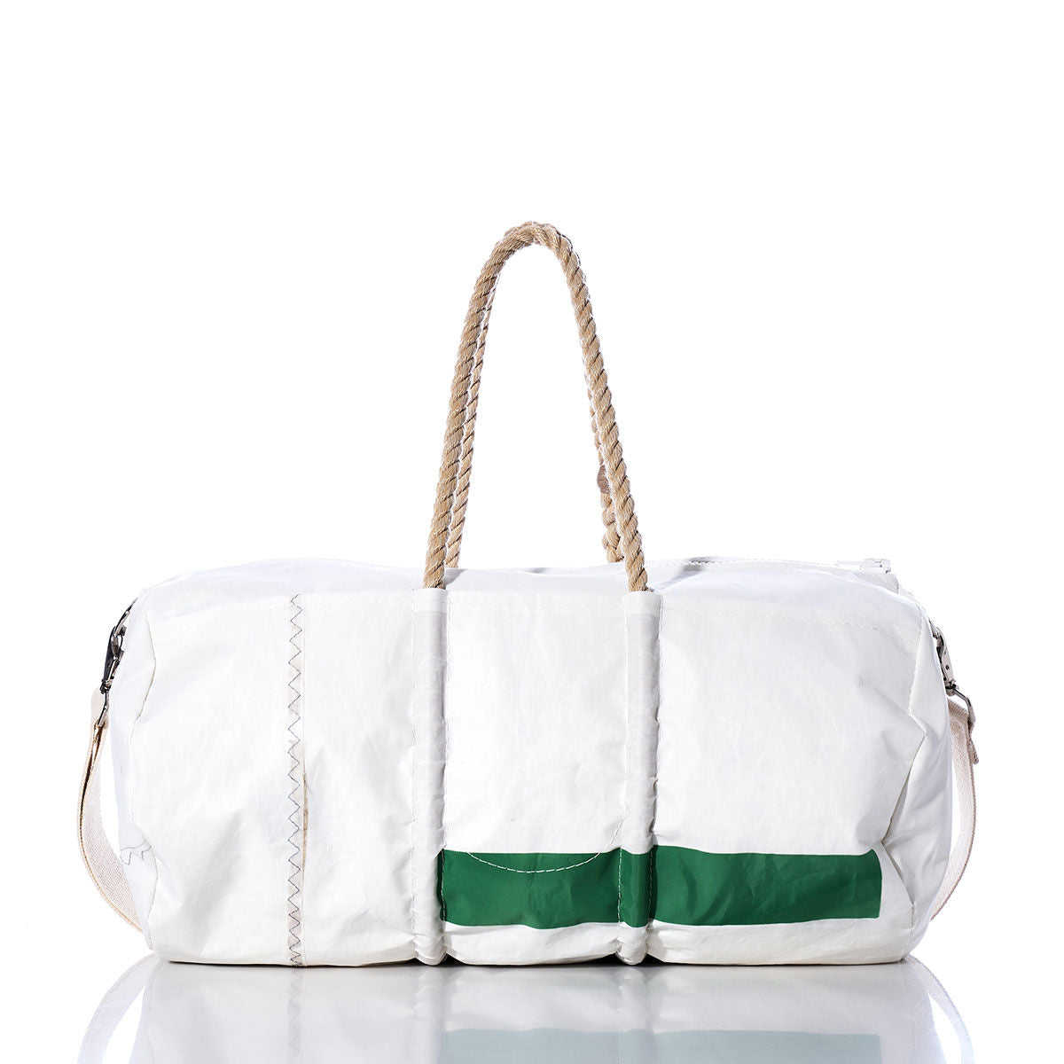 The Vintage 14 Duffel by Sea Bags is a white duffel bag made from recycled sail cloth, featuring sturdy hemp rope handles, prominent stitching, and a green rectangular patch, showcased on a reflective surface with a white background. by Sea Bags