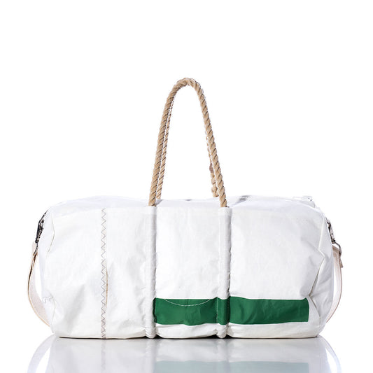 The Vintage 14 Duffel by Sea Bags is a white duffel bag made from recycled sail cloth, featuring sturdy hemp rope handles, prominent stitching, and a green rectangular patch, showcased on a reflective surface with a white background. by Sea Bags