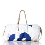 Sea Bags Vintage US Duffel — crafted from recycled sail cloth in white and blue, featuring hemp rope handles, a beige shoulder strap, and a white tag attached to the zipper. by Sea Bags