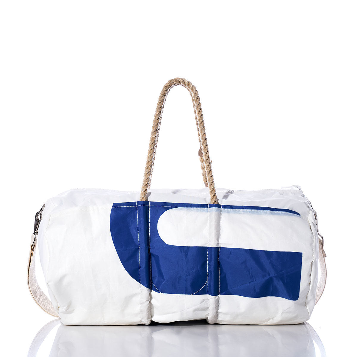 The Sea Bags Vintage US Duffel is crafted from recycled sail cloth and showcases a blue abstract design. It features sturdy hemp rope handles and a beige shoulder strap, and is displayed on a white background. by Sea Bags