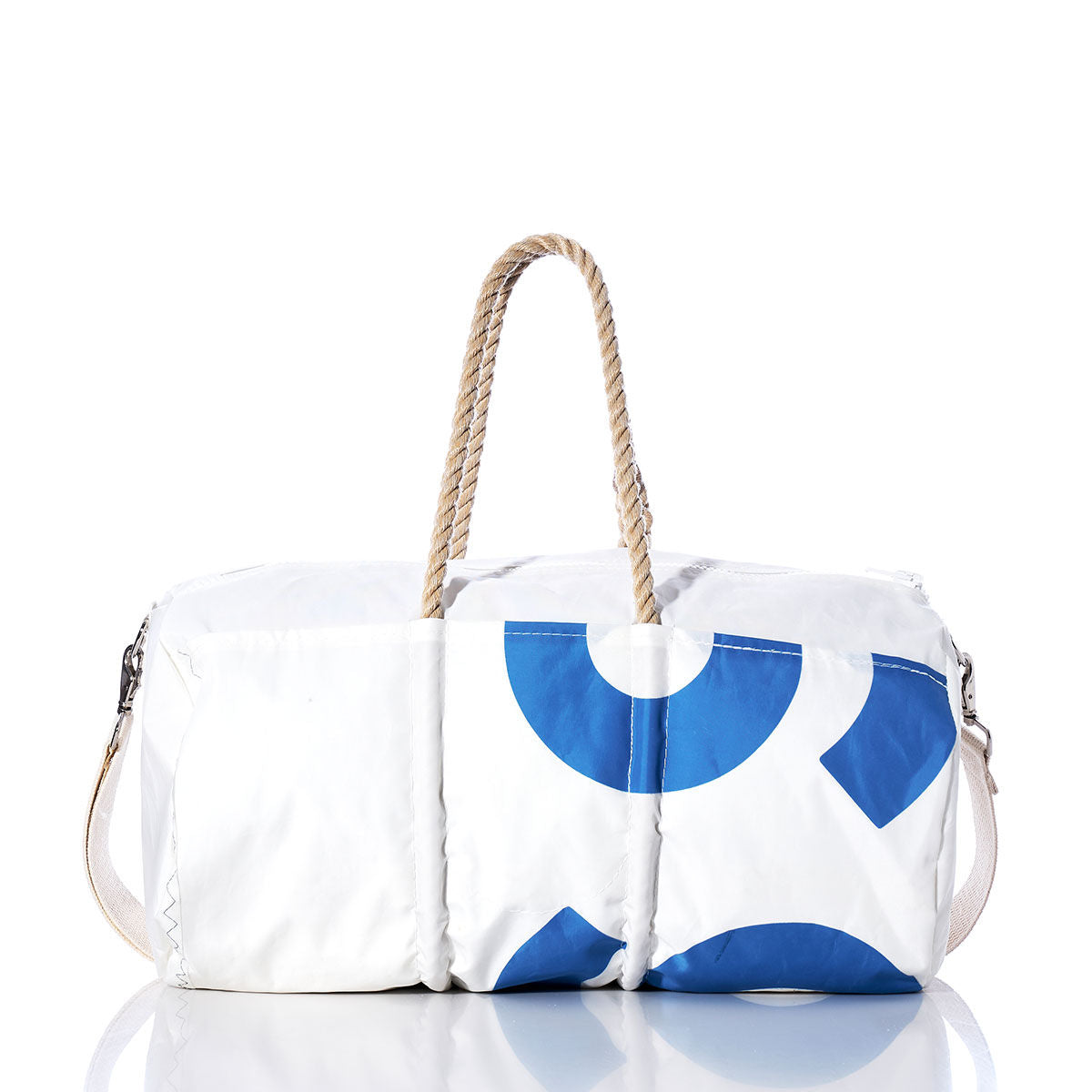 The Sea Bags Vintage 869 Duffel, crafted from recycled sail cloth in white and blue, features sturdy hemp rope handles and an adjustable beige shoulder strap, shown against a white background. by Sea Bags