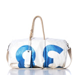 The Sea Bags Vintage 38 Duffel is a white duffel bag made from recycled sail cloth, featuring oversized blue 3 and 6 sail insignias on the front, rope handles, a beige shoulder strap, and an attached white tag for an authentic vintage duffel look. by Sea Bags