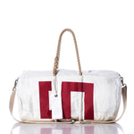 The Sea Bags Vintage 539 Duffel is a white duffel bag accented with bold red block-style lettering, featuring sturdy hemp rope handles and a beige shoulder strap, displayed on a white background. by Sea Bags