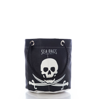 Introducing the Jolly Roger Beverage Bucket by Sea Bags—a black and white bucket bag crafted from recycled sail cloth, featuring a striking skull and crossed swords design with SEA BAGS MAINE text on the front. Its sturdy rope handle makes it perfect as a beer bucket or portable drink cooler for your next adventure. by Sea Bags