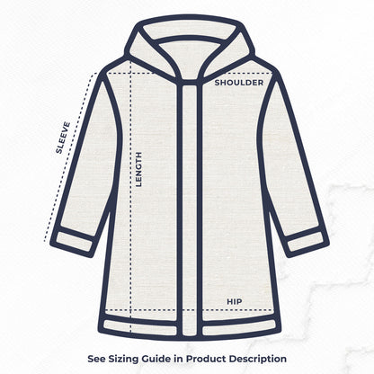 Outline of a black Harborside Waterproof Raincoat with dashed lines and labels indicating measurement points for sleeve, length, shoulder, and hip.