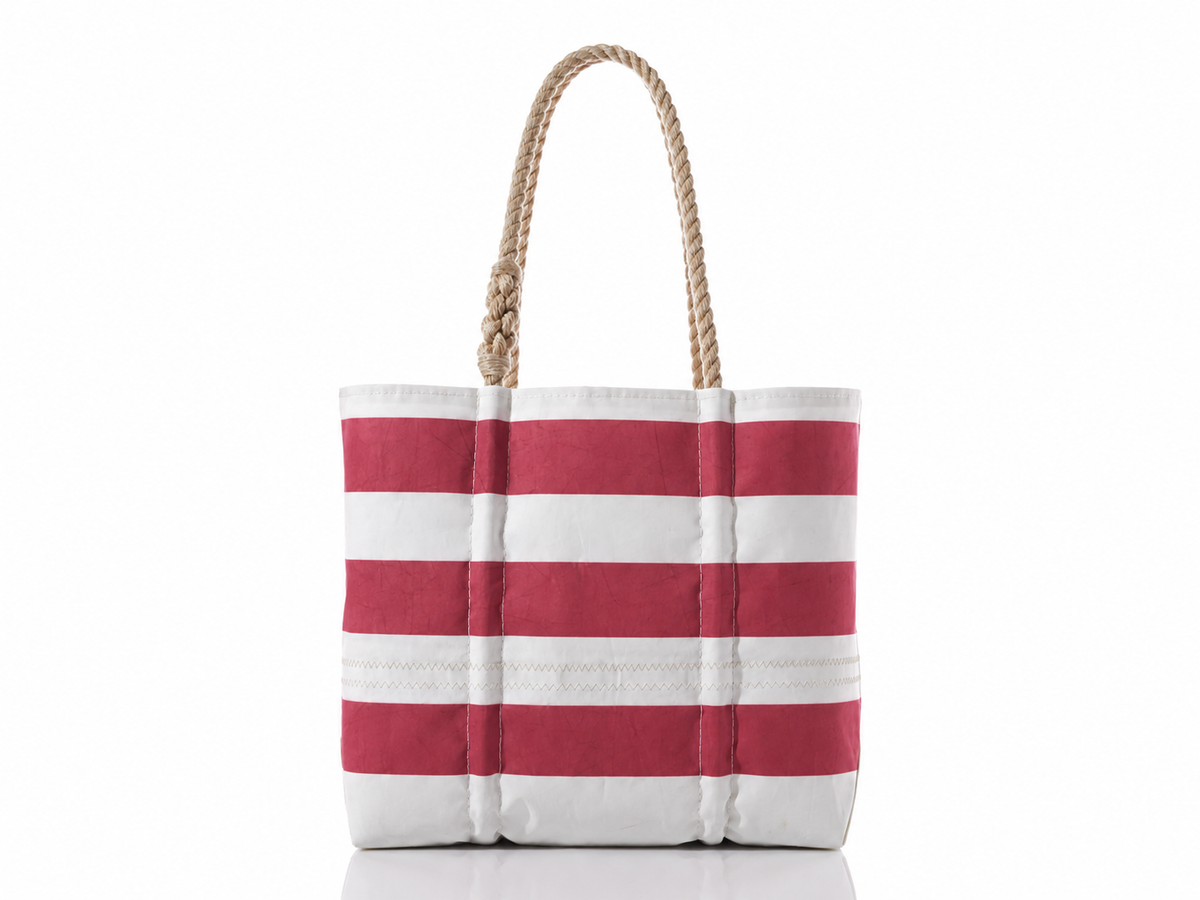 Sea Bags Red Rugby Stripe Medium Tote beach bag with wide red and white horizontal stripes and two rope handles.