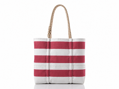 Sea Bags Red Rugby Stripe Medium Tote beach bag with wide red and white horizontal stripes and two rope handles.