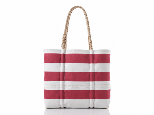 Sea Bags Red Rugby Stripe Medium Tote beach bag with wide red and white horizontal stripes and two rope handles.