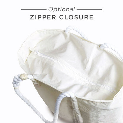 Interior view of an open White Anchor on Sea Glass Print Large Tote made of recycled sail cloth with rope handles and an optional zip top closure.