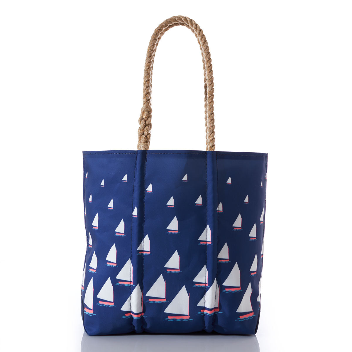 Sea Bags Beetlecat Print Medium Tote with rope handles and repeated white sailboat and Beetlecat boat design, shown on a white background.