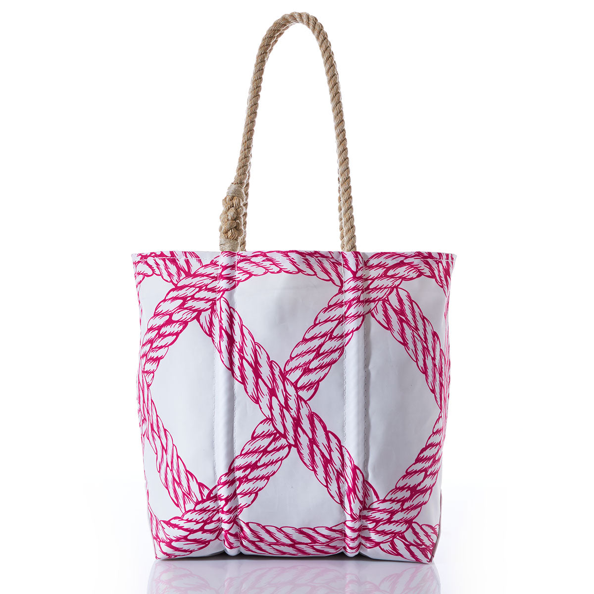 Sea Bags Fuchsia Rope Print Medium Tote with tan rope handles, features a pink nautical pattern; shown upright on a white background.