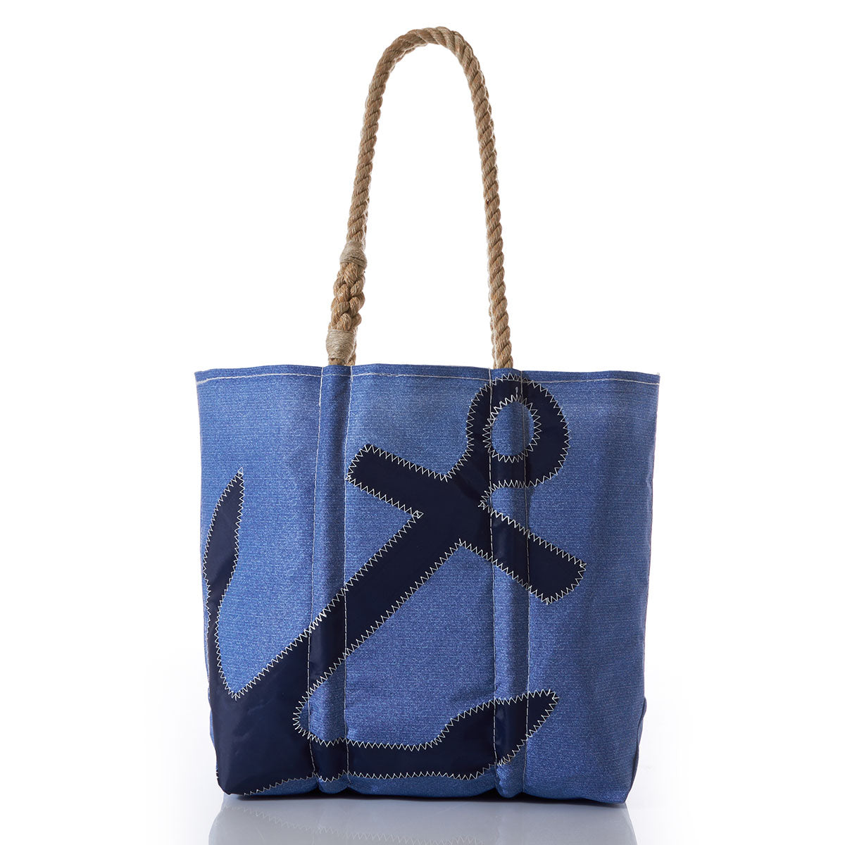 Navy Anchor on Chambray Medium Tote bag with a dark blue anchor appliqué and braided rope handles.