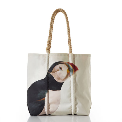 Sea Bags Puffin Medium Tote: A white tote bag with rope handles, showcasing a detailed Audubon illustration of an Atlantic Puffin on the front. by Sea Bags