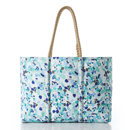 White Anchor on Sea Glass Print Large Tote with a zip top and rope handles featuring an all-over blue and green sea glass pebble-pattern print.