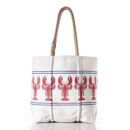The Sea Bags Lobster Bake Tote is a white tote bag crafted from washable sail cloth, featuring rope handles and a vibrant pattern of red lobsters nestled between two blue stripes. This eye-catching nautical bag is perfect for seaside adventures or everyday use. by Sea Bags