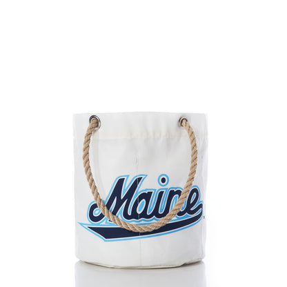 UMaine Beverage Bucket by Sea Bags—crafted from recycled sail cloth and featuring sturdy rope handles, with Maine printed in blue lettering on the front—displayed against a white background. A versatile piece that’s perfect as a shower caddy or University of Maine bucket. by Sea Bags