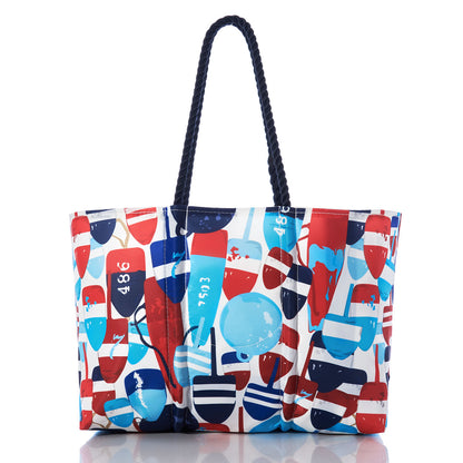 The Sea Bags Americana Buoys Large Tote features sturdy hemp rope handles and a red, blue, and white pattern of buoys and numbers on a white background. by Sea Bags