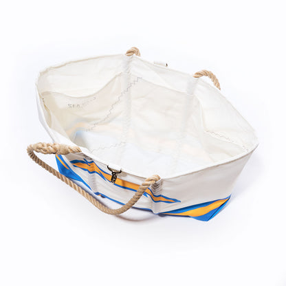 Sea Bags Los Angeles Chargers Tailgate Tote—crafted from large white recycled sail cloth with blue and yellow accents, sturdy rope handles, and an open top—photographed on a plain white background; the perfect bag for any Chargers fan’s tailgate collection. by Sea Bags