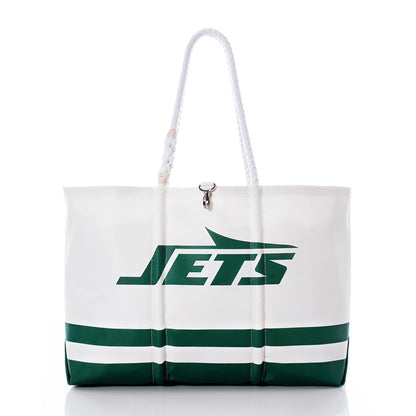 The Sea Bags New York Jets Tailgate Tote, crafted from recycled sail cloth with white and green accents, features rope handles and a bold “JETS” logo, shown upright against a white background. by Sea Bags