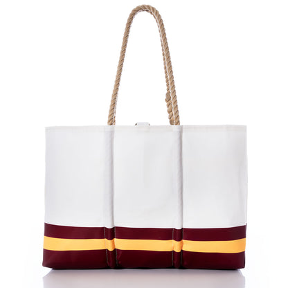 The Washington Commanders Tailgate Tote by Sea Bags is a white tote bag featuring tan rope handles and maroon and yellow horizontal stripes near the bottom, inspired by the Commanders’ team colors. Made from recycled sail cloth, it is photographed on a white background. by Sea Bags