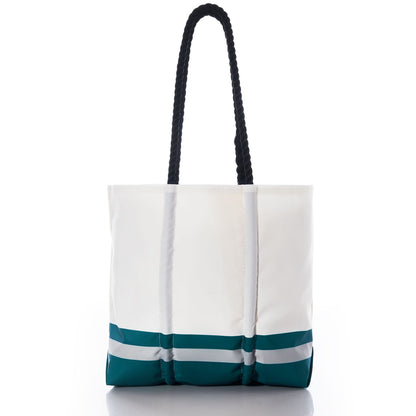 Sea Bags Philadelphia Eagles Medium Tote featuring navy rope handles and teal and gray stripes near the bottom, crafted from recycled sail cloth and photographed on a white background—perfect as a gift for any Philadelphia Eagles fan. by Sea Bags