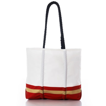 Carry your essentials in style with the Sea Bags San Francisco 49ers Medium Tote. Crafted from durable recycled sail cloth, this eco-friendly white bag is accented with bold red and gold horizontal stripes at the bottom—a tribute to the 49ers—and finished with two sturdy black rope handles, making it perfect for everyday use. by Sea Bags