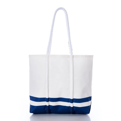 Indianapolis Colts Medium Tote by Sea Bags, crafted from recycled sail cloth with rope handles and two horizontal navy blue stripes near the bottom, shown against a white background. by Sea Bags