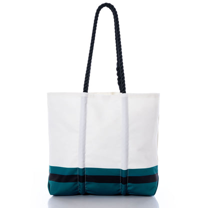 The Sea Bags Jacksonville Jaguars Medium Tote features black rope handles and teal and black stripes near the base, expertly crafted from recycled sail cloth for a one-of-a-kind look—an ideal accessory for any Jaguars fan, shown here against a plain white background. by Sea Bags