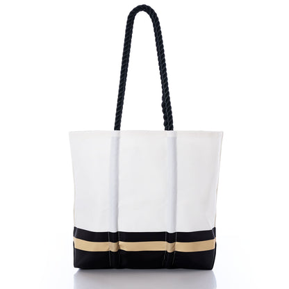 New Orleans Saints Medium Tote by Sea Bags, featuring black rope handles and black and beige horizontal stripes near the bottom, crafted from recycled sail cloth and displayed on a white background. by Sea Bags