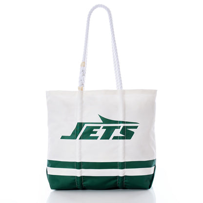 The Sea Bags New York Jets Medium Tote features a white and green design with JETS and a jet graphic printed on the front. It includes sturdy white rope handles and two green stripes near the base. Built for durability, this tote is ideal for everyday use. by Sea Bags
