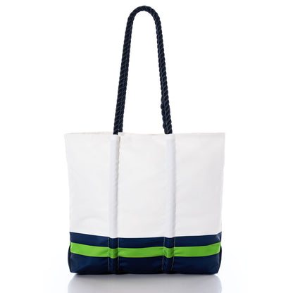 Sea Bags Seattle Seahawks Medium Tote featuring navy blue rope handles and navy and green horizontal stripes at the bottom, crafted from recycled sail cloth and shown on a white background. by Sea Bags
