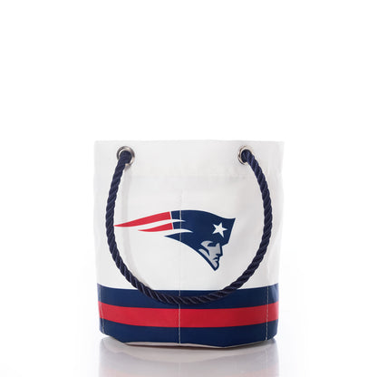 The Sea Bags New England Patriots Beverage Bucket features a white design with navy blue rope handles and bold red and blue stripes at the base—a stylish and sustainable cooler that keeps your drinks cold on game day. by Sea Bags