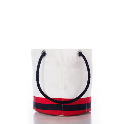 Sea Bags Kansas City Chiefs Beverage Bucket, featuring durable black rope handles and a bold red and navy stripe near the bottom, is displayed on a white background—perfect for carrying your essentials to a Chiefs game or serving as a stylish, sustainable cooler. by Sea Bags